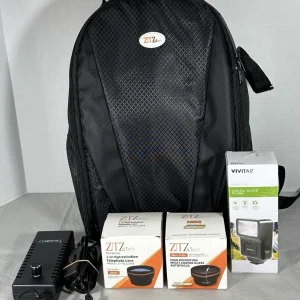 Camera Accessories Lot ZeeTech Lenses, Vivitar Flash, Bag & Studio Power Adapter