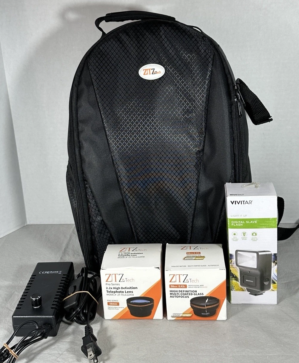 Camera Accessories Lot ZeeTech Lenses, Vivitar Flash, Bag & Studio Power Adapter